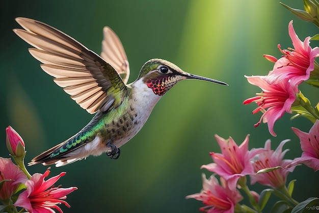 Foto juvenil rubythroated hummingbird archilochus colubris em voo com uma flor