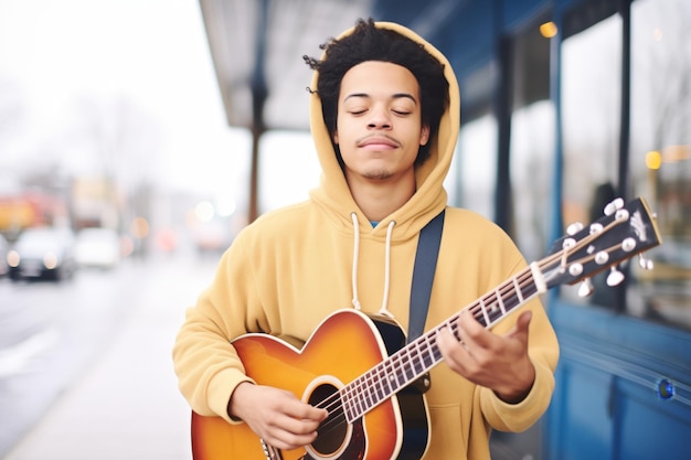 Juventud con capucha tocando la guitarra en una parada de autobús