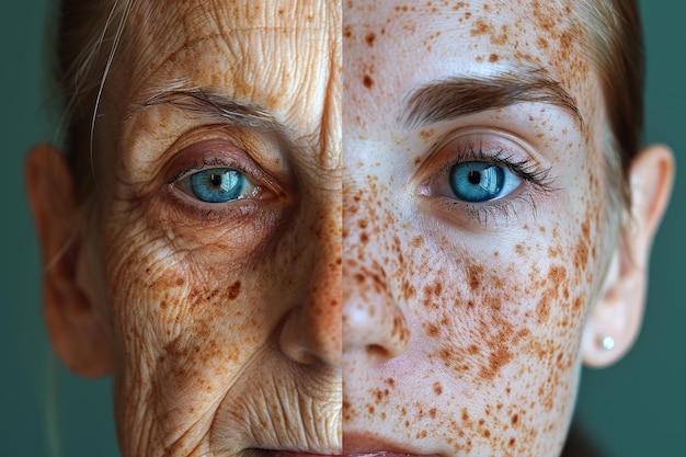 Foto la juventud y la edad contrastan en un retrato de mitad de cara