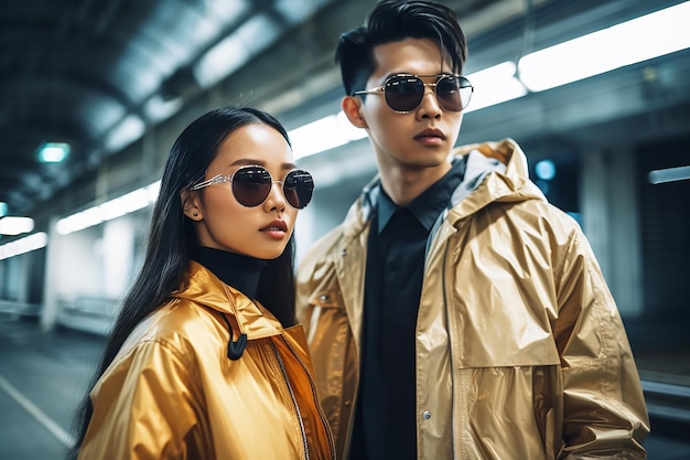 La juventud japonesa de moda con gafas de sol chico y chica moda ropa