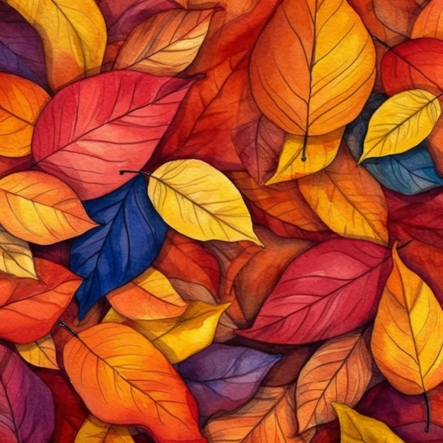 Juwelenfarbene Herbstblätter fallen in farbenfroher Darstellung. Generative KI