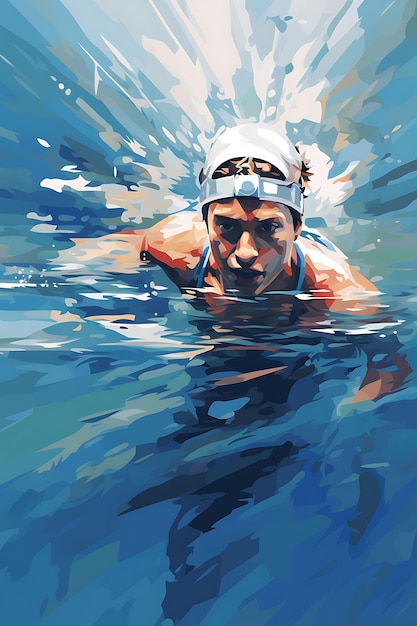 K1 Swimming Power and Fluidity Cool and Calming Color Scheme Wa Flat 2D Sport Art Poster (Poder de Natação e Fluidez Frio e Calmante)