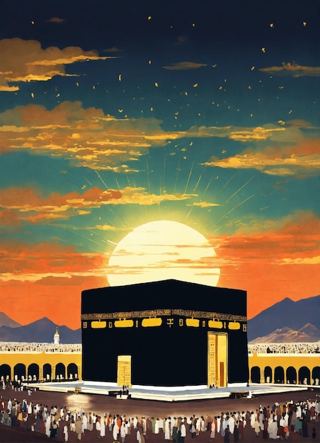 Kaaba Mekka himmlisches licht scheint auf es aus dem himmel alte japanische malerei stil