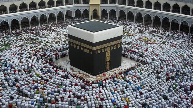 en la Kaaba con una multitud de musulmanes de todo el mundo orando juntos
