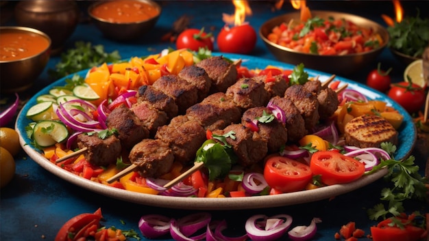 Kabab de pollo a la parrilla en brochetas, servido con vegetales vibrantes