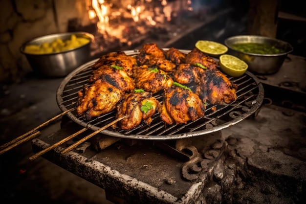 Kabab de pollo tandoori asado picante preparado para la venta por la noche como comida callejera en el mercado de Old Delhi Es famoso por las comidas callejeras indias picantes no vegetarianas Es un lugar turístico famoso