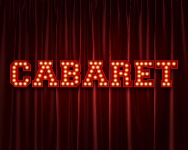 Foto kabarett-glühbirnen-schriftzug gegen einen roten theatervorhang 3d-rendering