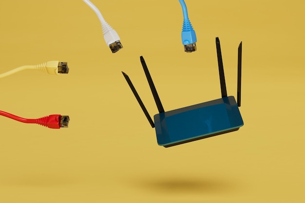 Kabel für Internetverbindung WLAN-Router und Internetkabel auf gelbem Hintergrund 3D-Rendering