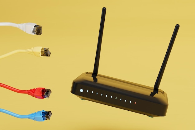 Kabel für Internetverbindung WLAN-Router und Internetkabel auf gelbem Hintergrund 3D-Rendering