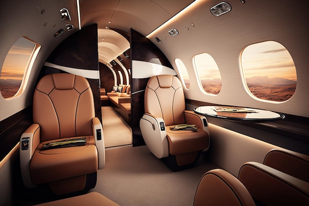 Foto kabine eines geschäftsflugzeugs mit eleganten ledersitzen und luxuriösen annehmlichkeiten