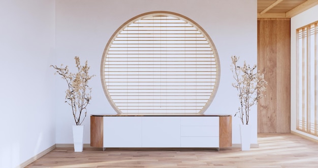 Kabinett aus Holz japanisches Design auf Wohnzimmer minimalistisch leere Wand background3D-Rendering