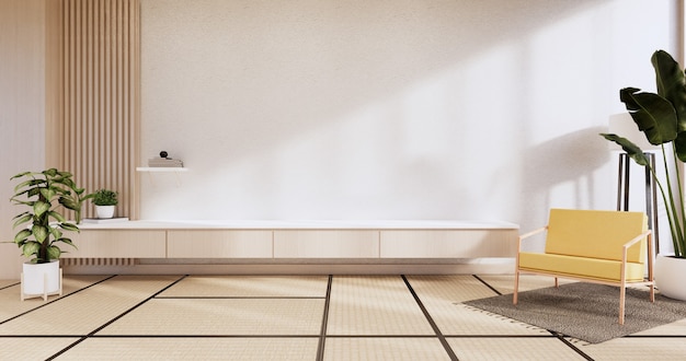 Kabinett-Holz-Display-Design auf japanischem minimalistischem Wohnzimmerinnenraum, 3D-Rendering