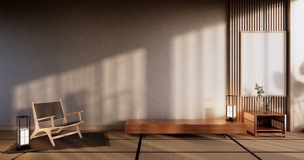 Kabinett-Holz-Display-Design auf japanischem minimalistischem Wohnzimmerinnenraum, 3D-Rendering