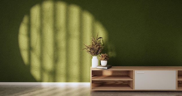 Kabinett-holzdisplay-design auf japanischem minimalistischem wohnzimmer im grünen zimmer, 3d-darstellung
