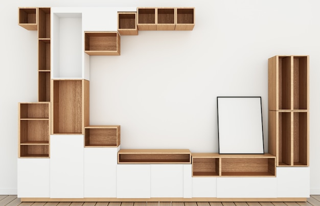 Kabinettdesignmodell im modernen leeren Raum, weißer Boden hölzern auf japanischer Art des weißen Wandraumes Wiedergabe 3d