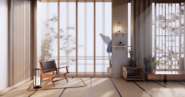 Kabinettholzdesign, Rauminterieur, moderner japanischer Stil. 3D-Rendering