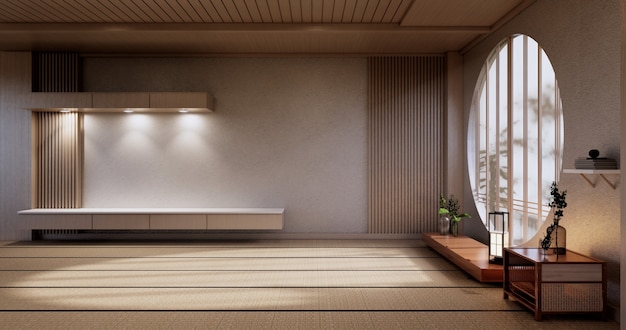 Kabinettholzdesign, Rauminterieur, moderner japanischer Stil. 3D-Rendering