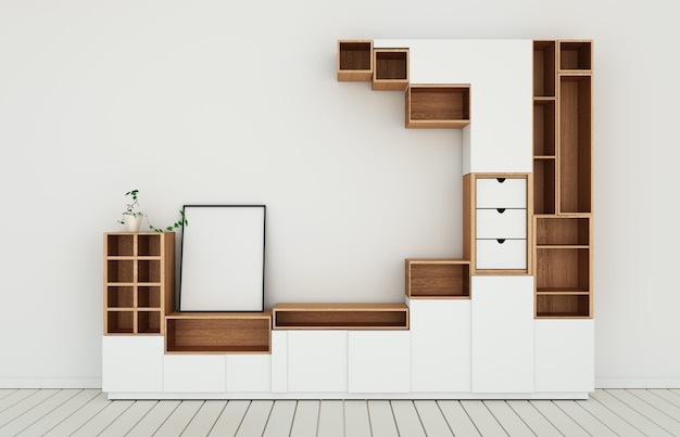 Kabinettmodell im modernen leeren Raum, weißer Boden hölzern auf japanischer Art des weißen Wandraumes Wiedergabe 3d