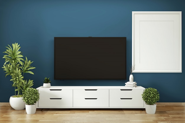 Kabinettspott oben auf Raum dunkelblau auf hölzernem minimalem Design des Bodens. 3D-Rendering