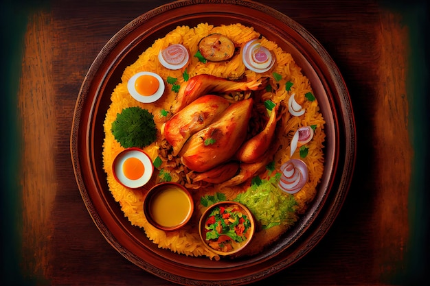 Kabsa de Arabia Saudita cuarto de pollo especiado y arroz almendras tostadas pasas Generative Ai