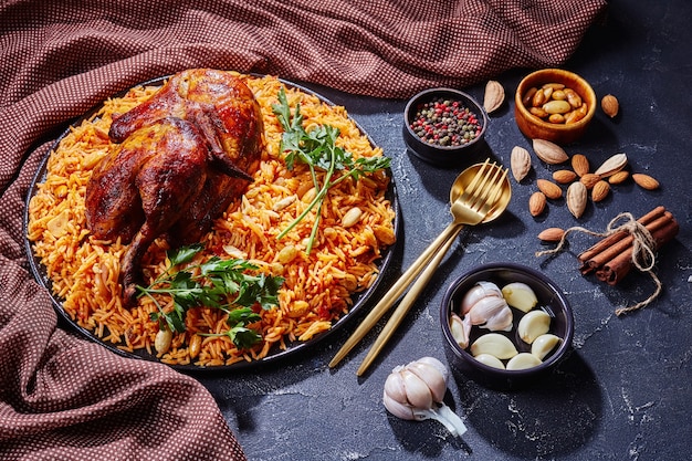 Kabsa de Arabia Saudita - cuarto de pollo con especias y arroz, almendras tostadas, pasas y ajo en una placa negra