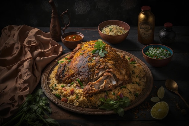 Kabsa de frango com prato da Arábia Saudita com arroz mandi Ilustração AI GenerativexA