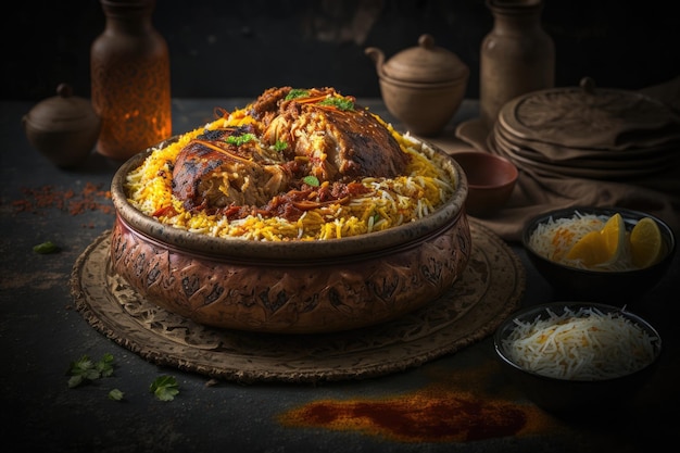 Kabsa de frango com prato da Arábia Saudita com arroz mandi Ilustração AI GenerativexA