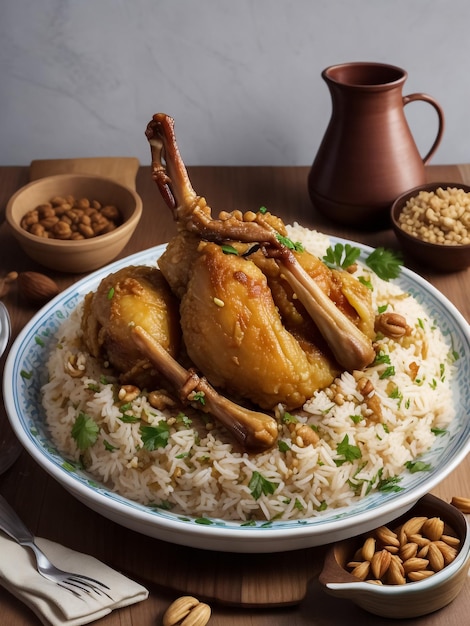 Kabsah Mandy Arroz de frango com molho picante e salada no prato sobre fundo de madeira branca