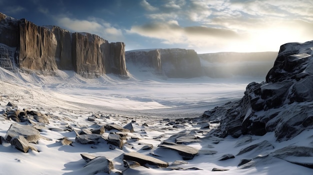 Kälte-Tundra mit schneebedeckten Berggipfeln, eisigen Klippen und verstreuten Felsen unter einer Schneedecke