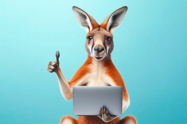 Känguru mit Laptop, der die Daumen auf dem farbigen Hintergrund zeigt