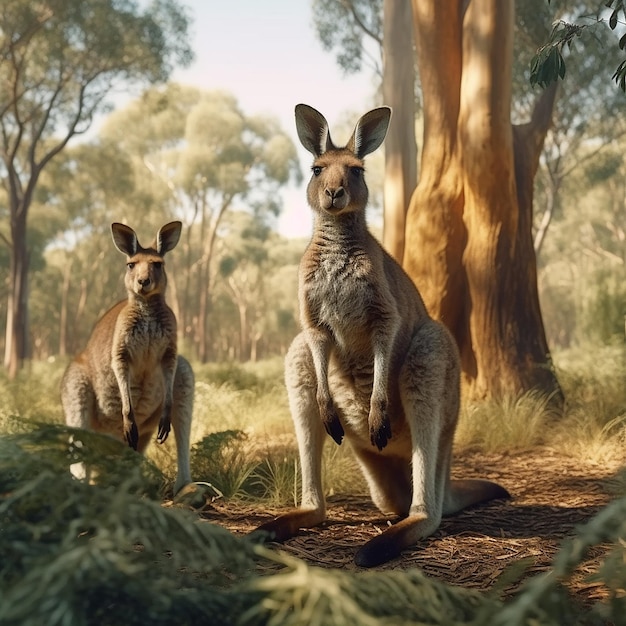 Känguru-Tiere stehen paarweise im Busch und sehen Bilder aus. Generative KI