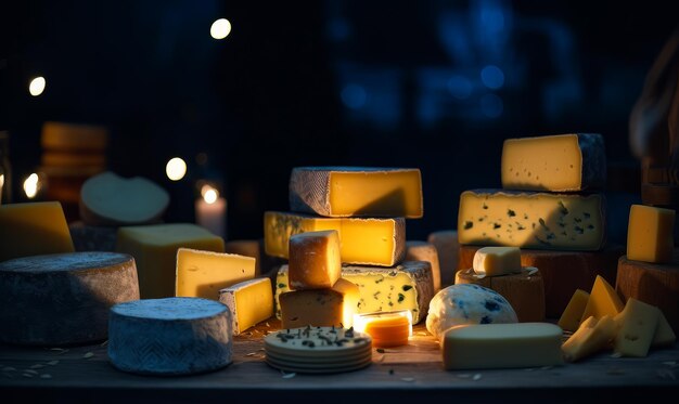 Käse auf einem hölzernen Tisch mit dunklem Hintergrund