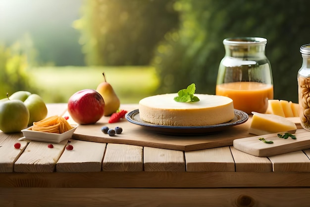 Käse auf einem Holztisch mit Obst und Gemüse