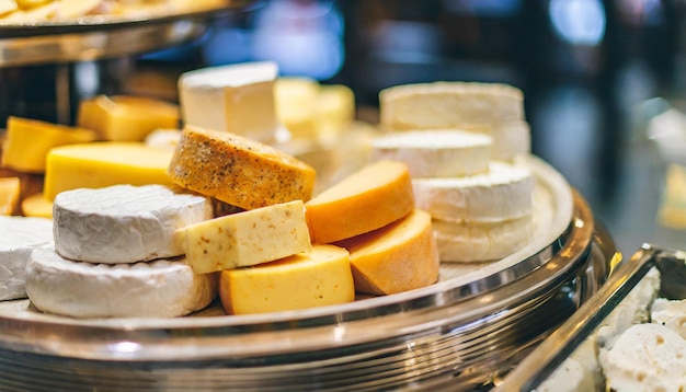 Käse-Auswahl in einem hochwertigen Buffet mit einer verlockenden Auswahl an Texturen, Farben und Geschmacksrichtungen