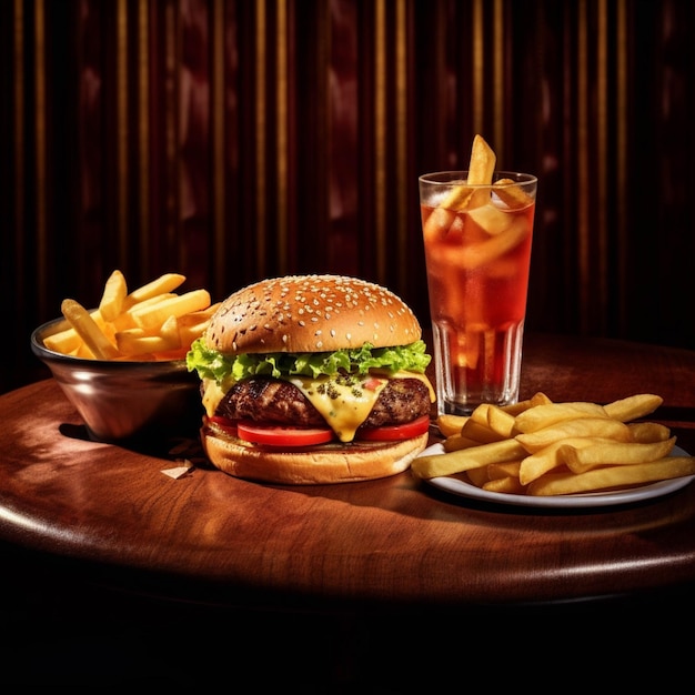 Käse-Burger Amerikanischer Käseburger mit goldenen Pommes Frites und Tomatensappe