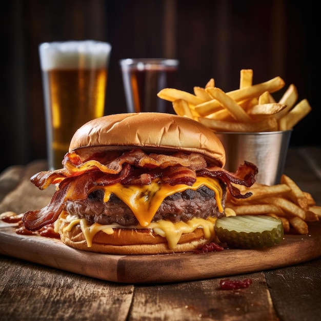 Käse-Burger mit Pommes Frites und Bier