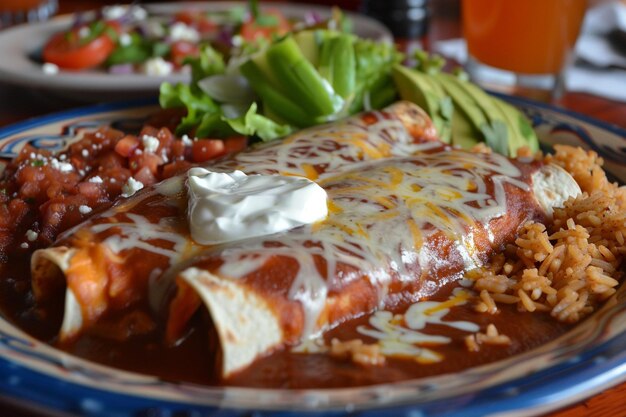 Foto käse-enchiladas mit roter soße und sauerkrem