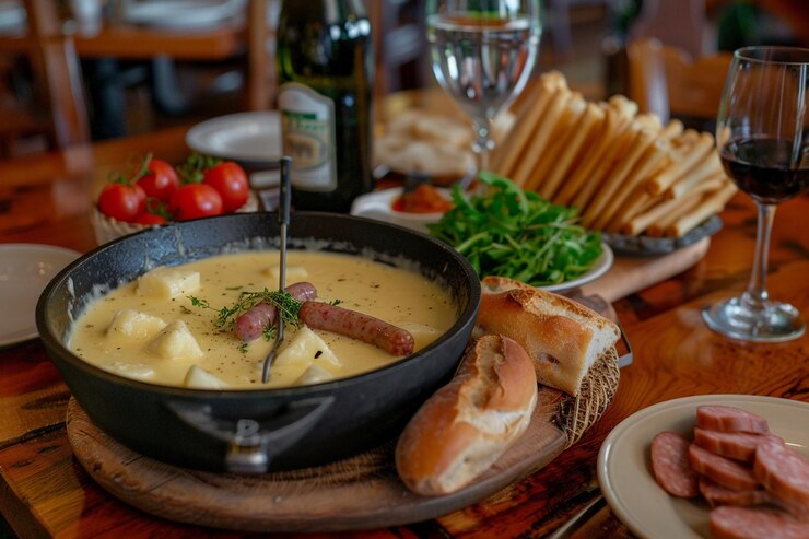 Foto käse fondue pot mit brotstäbchen und cocktail würstchen zum tauchen