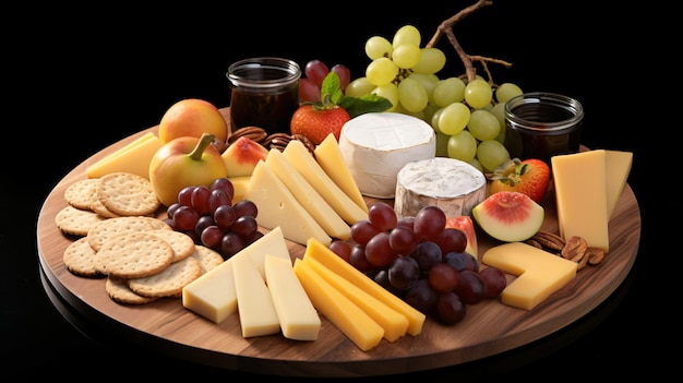Käse, Früchte und Kekse auf einer transparenten Platte angeordnet