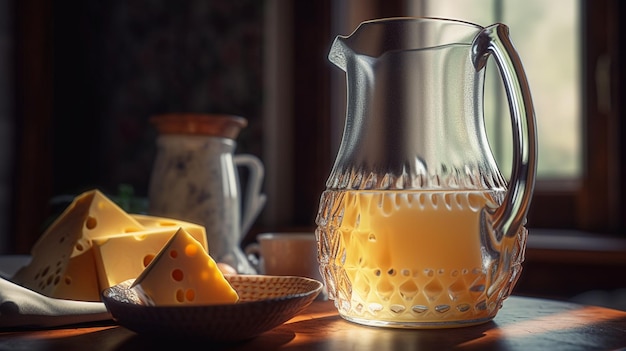 Käse in einem Glaskrug auf einem Holztisch in der Küche