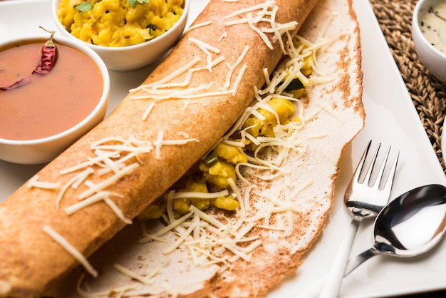 Käse-Masala-Dosa-Rezept mit Sambar und Chutney, selektiver Fokus