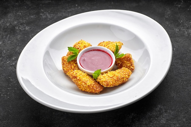 Käse-Nuggets mit Himbeermarmelade und Minzblättern auf einem weißen Teller auf dunklem Hintergrund