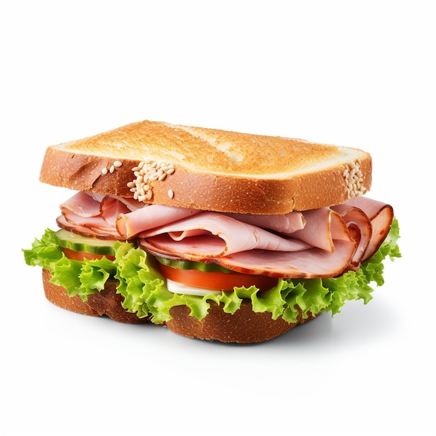 Käse-Schinken-Sandwich mit Salat auf Weißbrot auf weißem Hintergrund