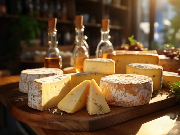 Foto käse-teller mit verschiedenen käsesorten auf einem holztisch in einem café