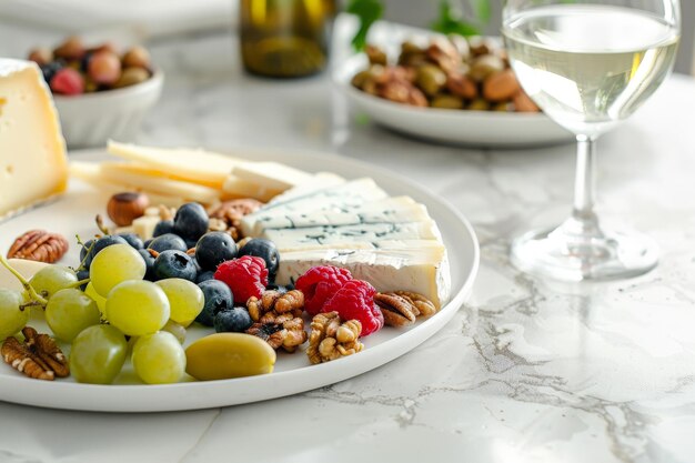 Foto käse-tisch mit snacks verschiedene käsesorten scheiben nüsse trauben beeren