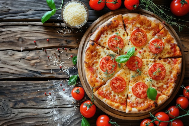 Käse und Gewürze auf einem rustikalen Holztisch im italienischen Pizza-Stil Margherita