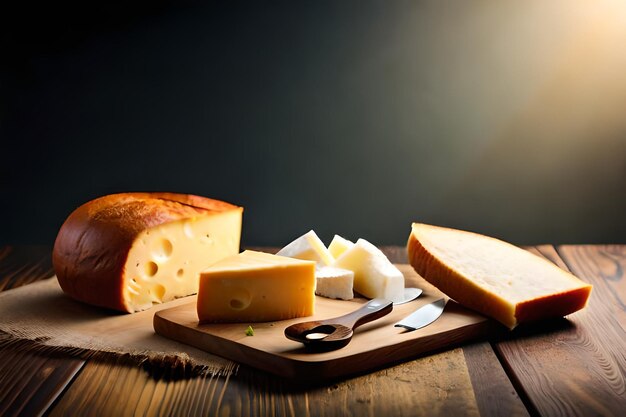 Foto käse und käse auf einem holztisch mit einem messer und käse darauf.