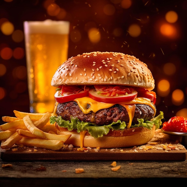 Käseburger Amerikanischer Käseburger mit goldenen Pommes Frites und einem Glas Bier