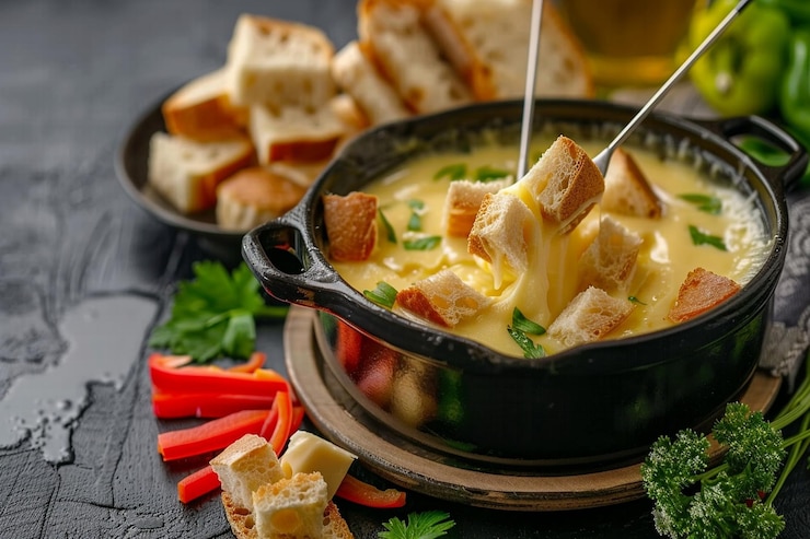 Foto käsefonduetopf mit brotwürfeln und pfefferstreifen zum eintauchen