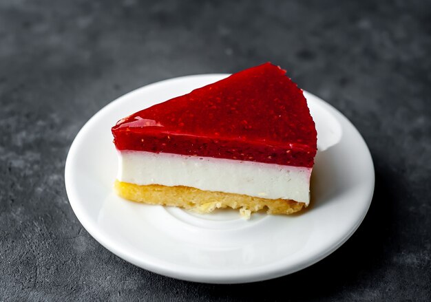 Käsekuchen-Kuchen mit Himbeeren auf einer weißen Untertasse auf einem Steinhintergrund